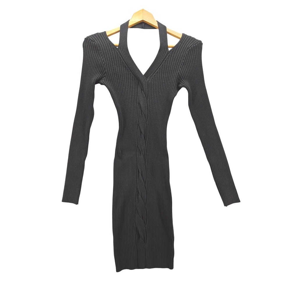 NWT Winnie & Co Black Ribbed Knit Halter V-Neck Sweater Bodycon Mini Dress SM